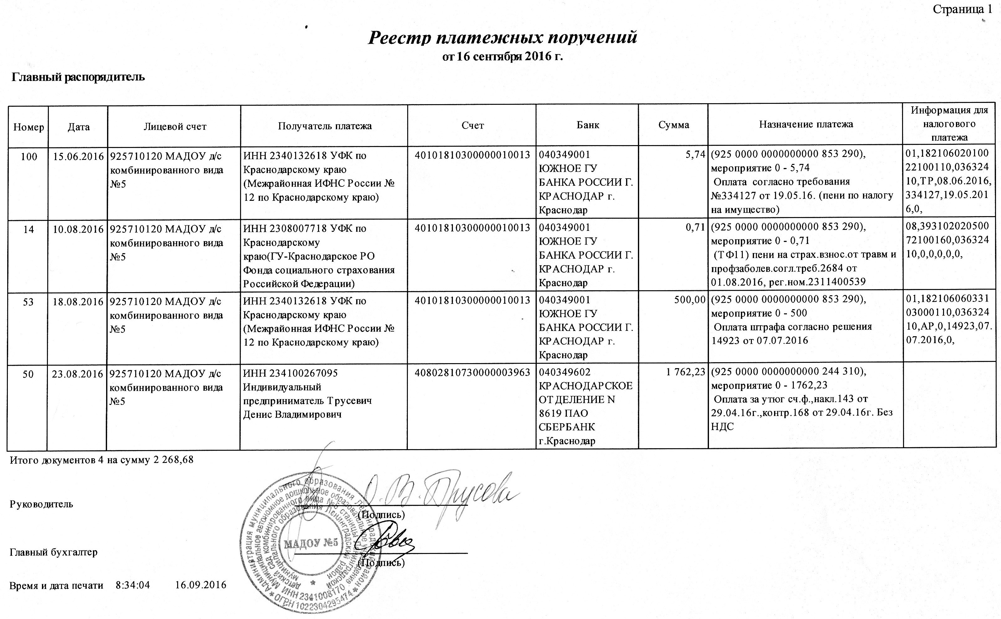 Образец реестр платежных поручений