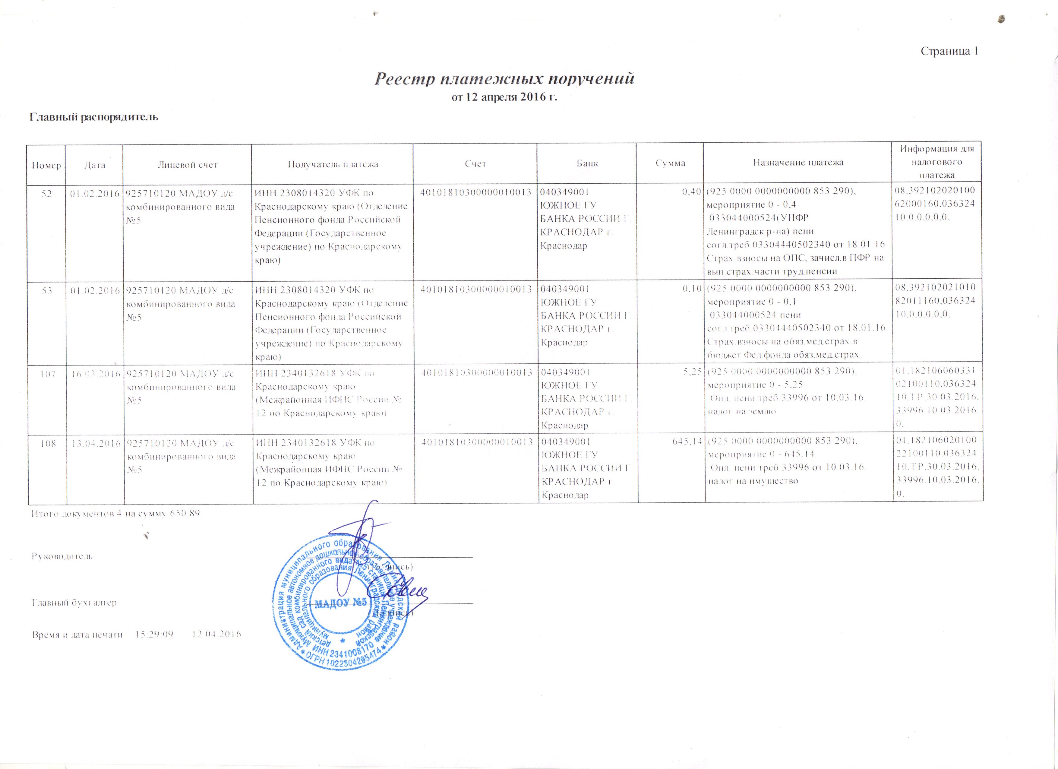 Образец реестр платежных поручений