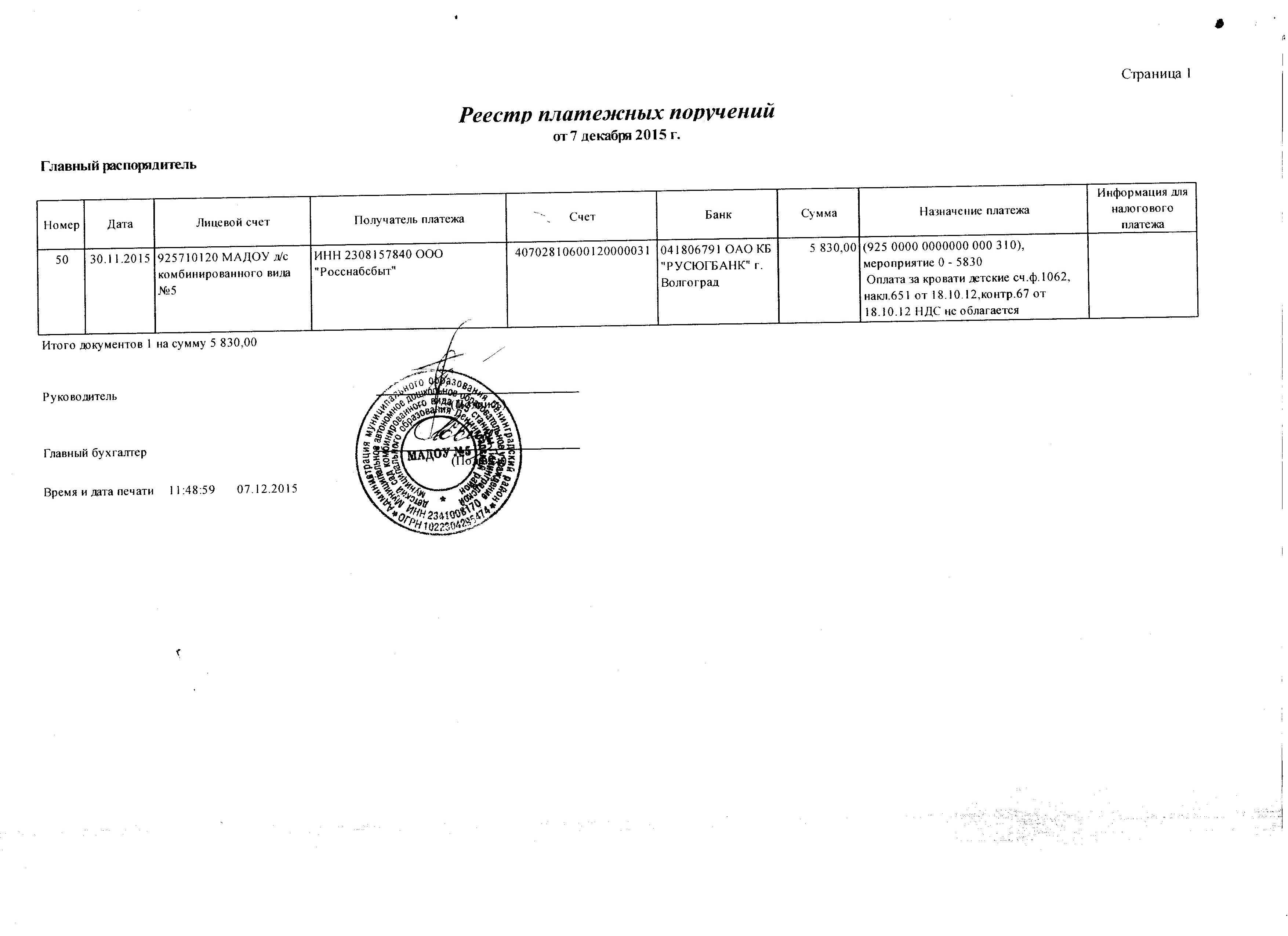 Образец реестр платежных поручений